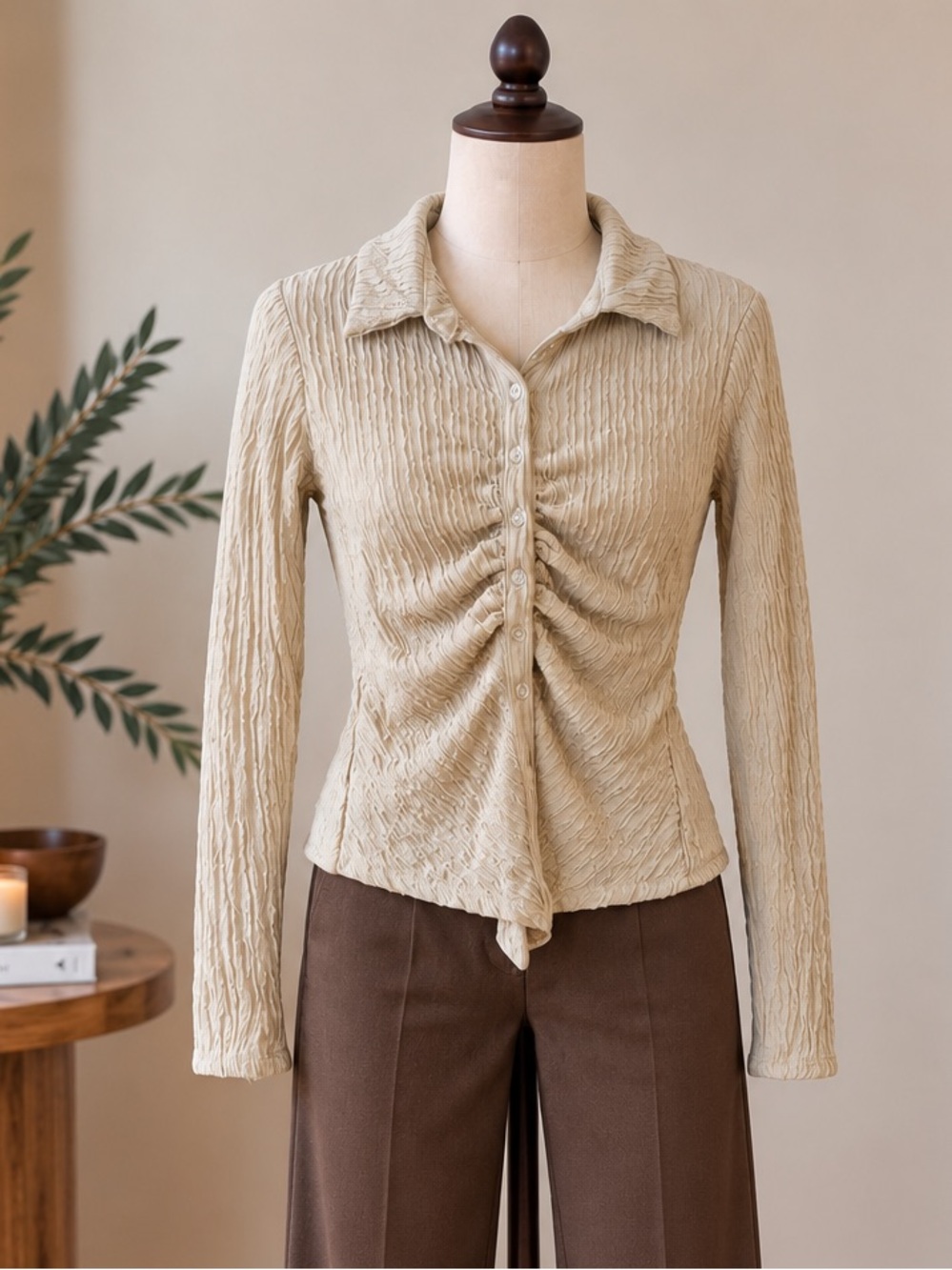 Y2K Another Story Cream Ruched Button Up Top Textured Office Siren Small